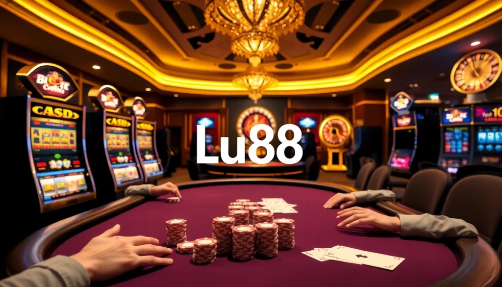 Engaging poker action at Lu88 casino, showcasing high-stakes players and vibrant slot machines.