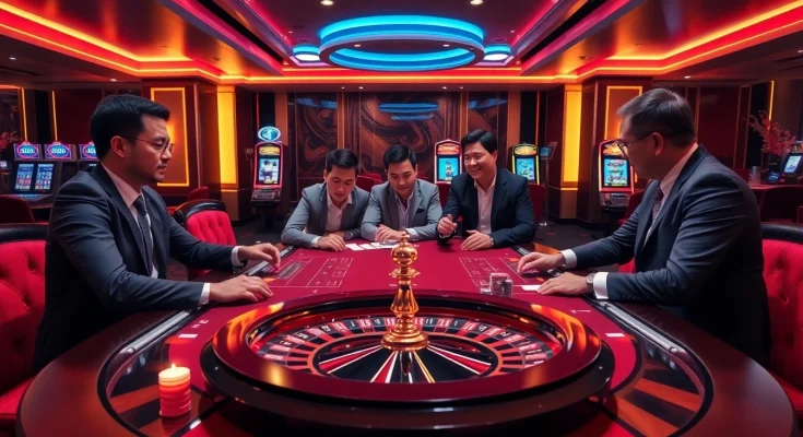 Excited players enjoying a thrilling poker game at 8KBET's modern casino table.