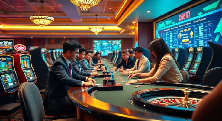 Exciting high-stakes gaming scene at c54.gb.net with vibrant casino tables and professional dealers.