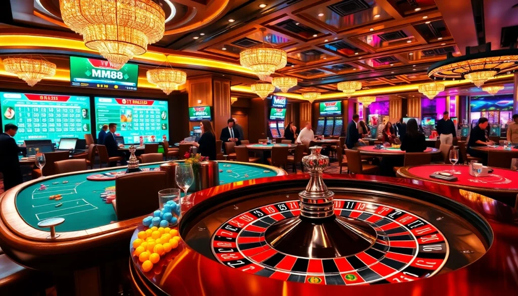 Players enjoying a thrilling casino experience with MM88 gaming elements in a vibrant setting.