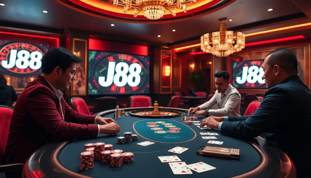 Exciting gameplay at J88 poker table during an intense casino session.