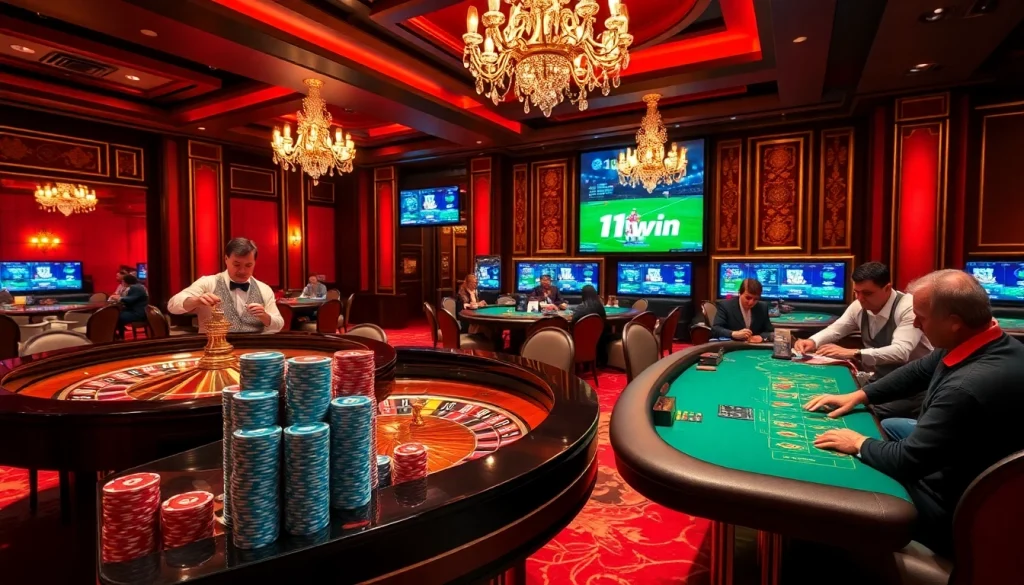 Engaging gamblers at an upscale casino featuring 11win-themed gaming tables.