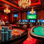 Engaging gamblers at an upscale casino featuring 11win-themed gaming tables.