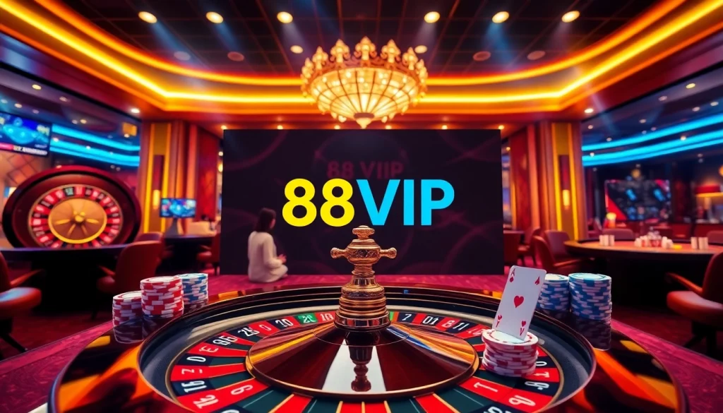 Experience the thrill of 68VIP with vibrant casino gaming visuals including roulette and poker elements.