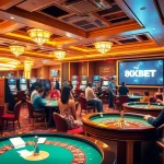 An exciting gaming scene at 8KBET casino, showcasing poker tables and vibrant slot machines.