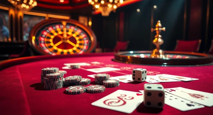 Experience the thrill of F168 đăng nhập with vibrant poker tables and roulette wheels in a luxurious casino setting.