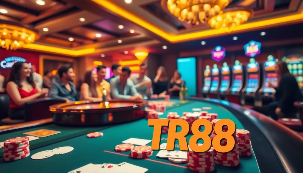 Betting excitement at TR88 casino with players around a vibrant gaming table.