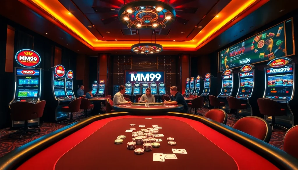 MM99 casino scene showcasing high-stakes poker with vivid colors and luxury elements.