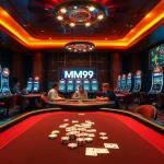 MM99 casino scene showcasing high-stakes poker with vivid colors and luxury elements.