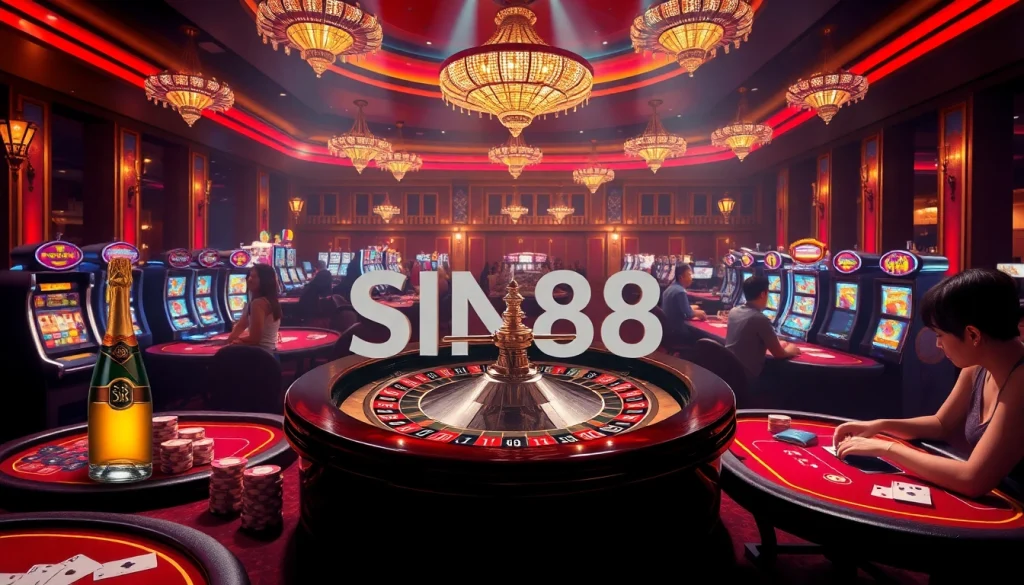 SIN88 casino scene showcasing roulette, chips, and vibrant gambling excitement.