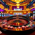 Experience thrilling gambling at SOIBET with an elegant casino scene featuring roulette, cards, and high-end slot machines.