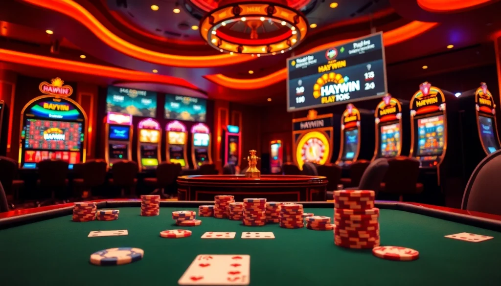 Gambling enthusiasts revel in excitement at a HAYWIN casino table with poker chips and cards.