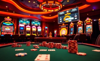 Gambling enthusiasts revel in excitement at a HAYWIN casino table with poker chips and cards.