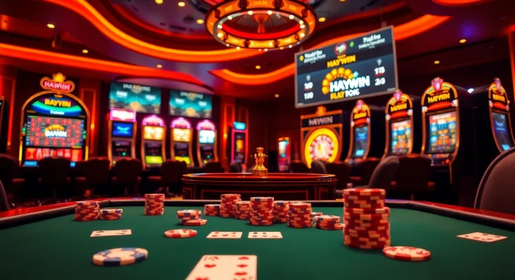 Gambling enthusiasts revel in excitement at a HAYWIN casino table with poker chips and cards.