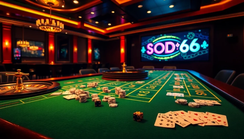 SODO66 showcases an elegant casino scene filled with vibrant poker chips and roulette wheels.