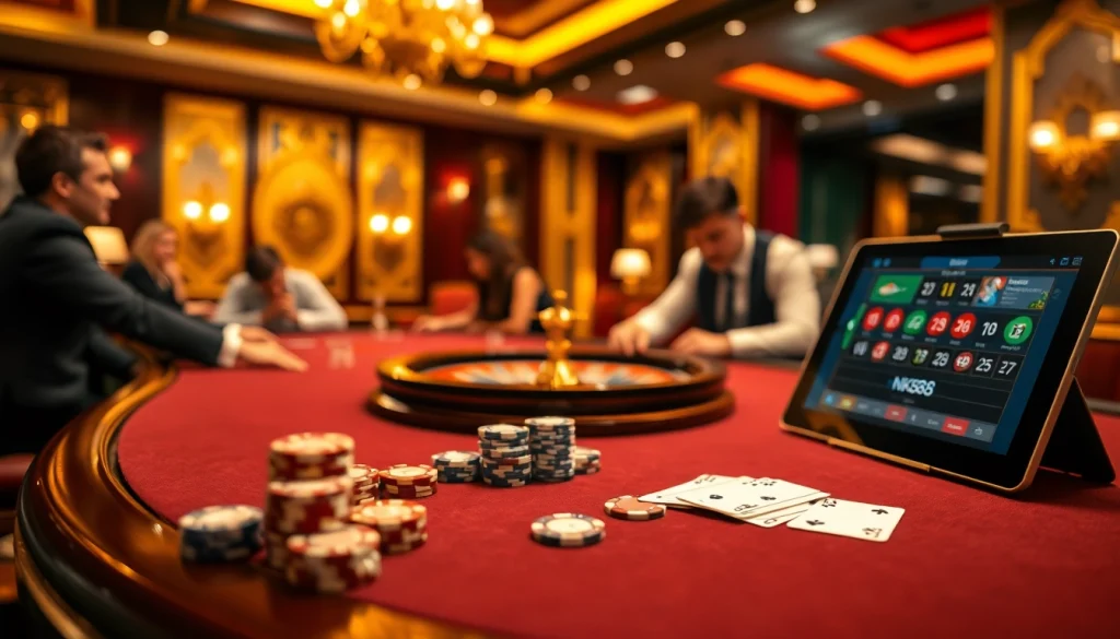 Exciting poker game at nk88 casino, featuring players, chips, and a roulette wheel.
