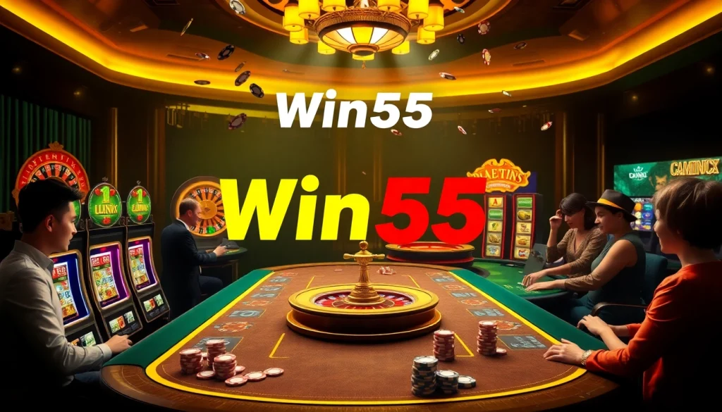 Win55 players engaging at a luxurious casino table with vibrant slot machines in the background.