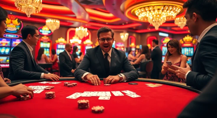 Exciting poker game at 788t casino table with luxurious cards and chips.