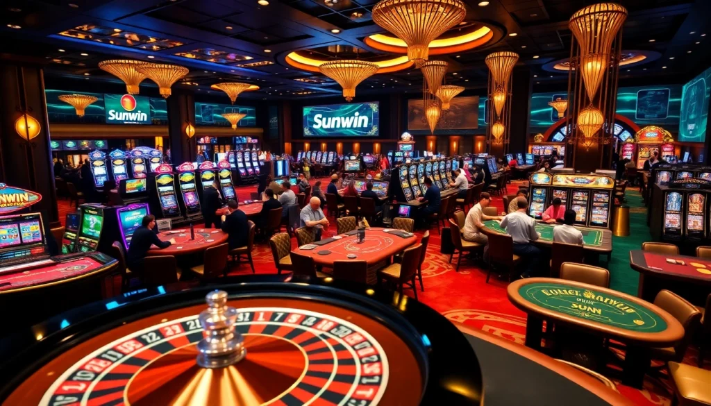 Exciting gambling action at Sunwin casino with vibrant slot machines and roulette tables.