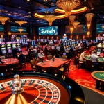 Exciting gambling action at Sunwin casino with vibrant slot machines and roulette tables.