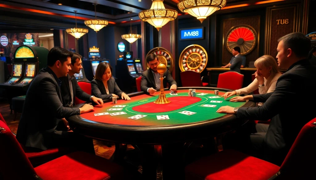 Gamblers enjoy a thrilling poker game at MM88 casino with vibrant chips and cards.