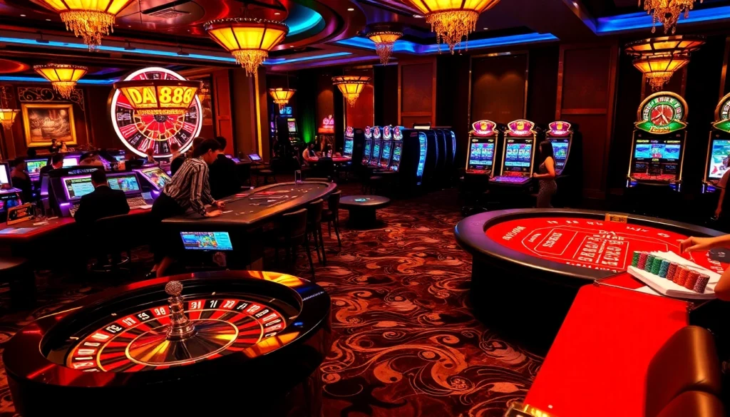 Gamblers engaging with high-stakes tables featuring DA88 betting slips on a luxurious casino floor.