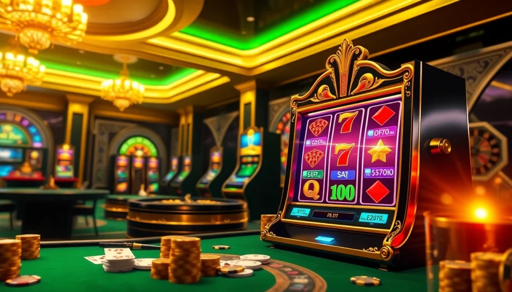 Experience the excitement of online gambling with https://nohu90a.uk.com/, showcasing vibrant slot machines and casino tables.