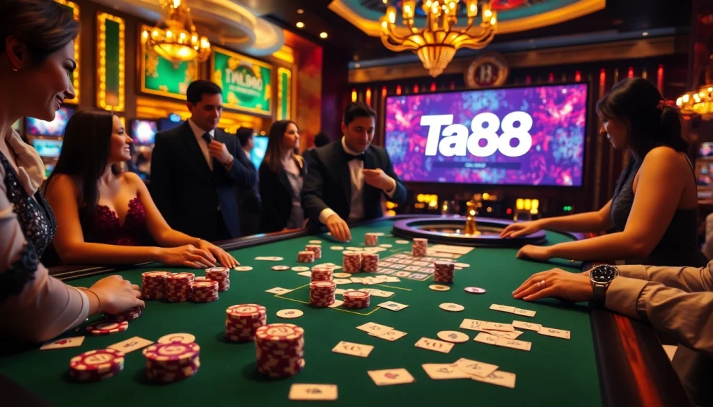 Ta88 casino players compete at a vibrant poker table with colorful chips and cards.
