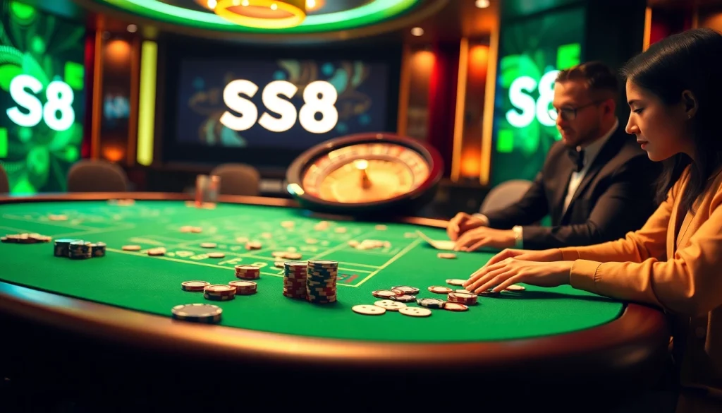 S8 offers a vibrant casino scene featuring poker chips and a roulette wheel, embodying professional gambling excitement.