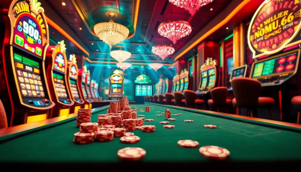 Players enjoying a thrilling game experience at the luxurious NOHU666 casino, featuring vibrant slot machines and high-stakes tables.