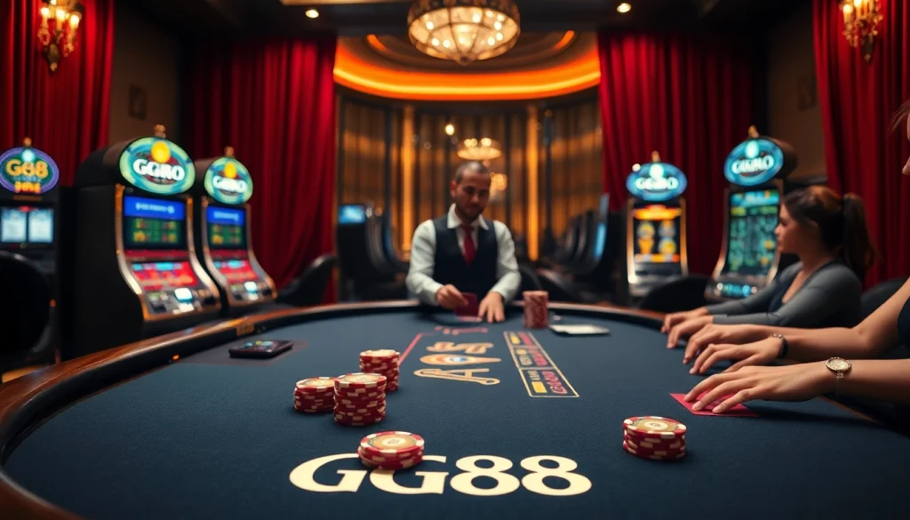 Experience high-stakes excitement at GG88's luxurious casino with engaging gameplay and vibrant poker chips.