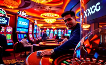 Experience the excitement of XXGG in a luxurious casino setting with vibrant slot machines and poker action.