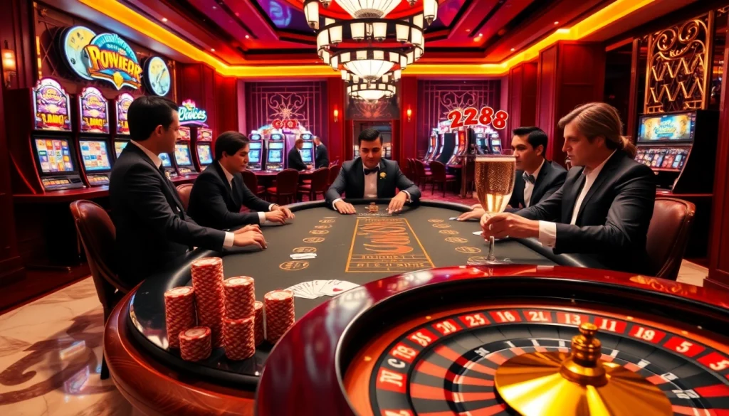 Players enjoying high-stakes poker at HZ88 casino, with vibrant tables and a luxury atmosphere.