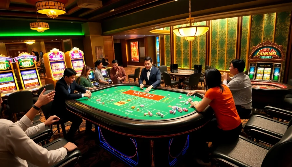 Tài Xỉu MD5 game table with enthusiastic players and vibrant chips in a luxurious casino atmosphere.