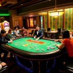 Tài Xỉu MD5 game table with enthusiastic players and vibrant chips in a luxurious casino atmosphere.