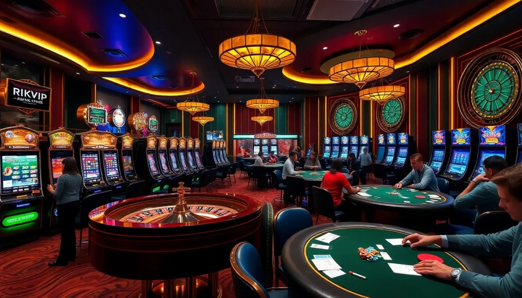 Rikvip players enjoying a high-stakes gaming session at an upscale casino.
