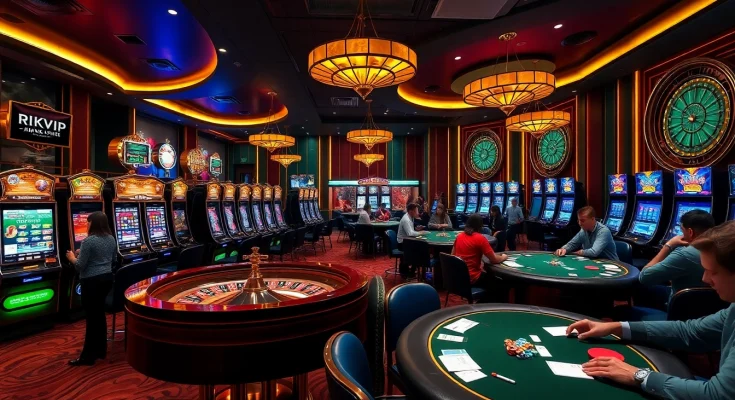 Rikvip players enjoying a high-stakes gaming session at an upscale casino.