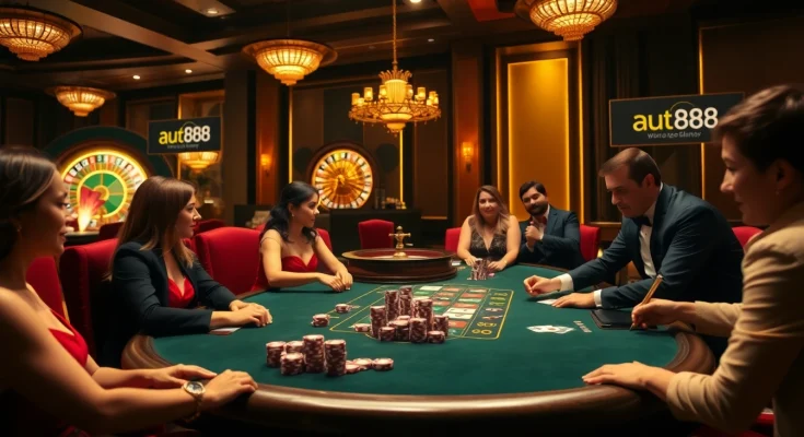 Players enjoying a thrilling poker game in a luxurious au88 casino atmosphere with elegant decor.