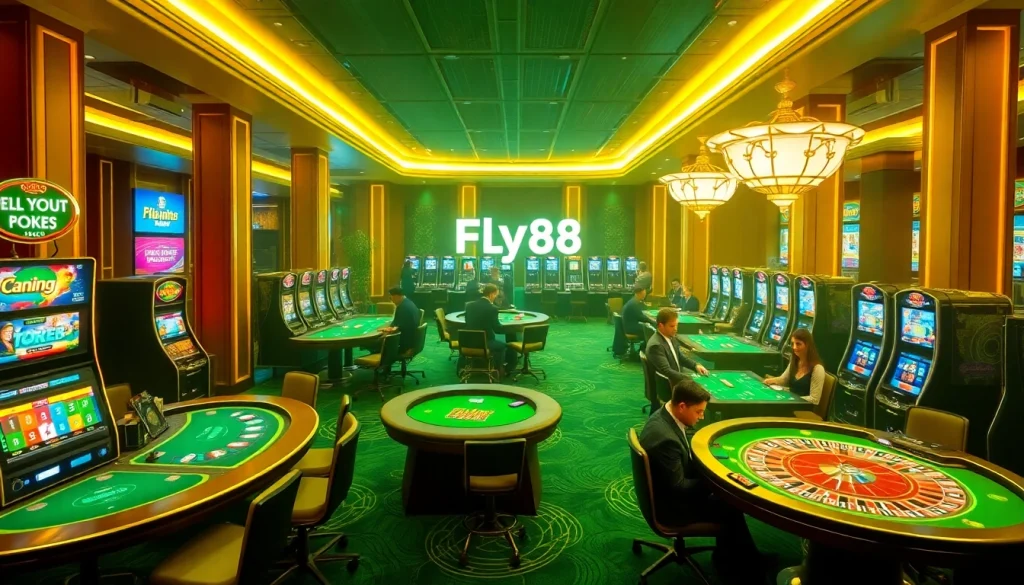Guests enjoying an immersive gaming experience at Fly88's luxurious casino tables featuring poker and roulette.