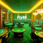 Guests enjoying an immersive gaming experience at Fly88's luxurious casino tables featuring poker and roulette.