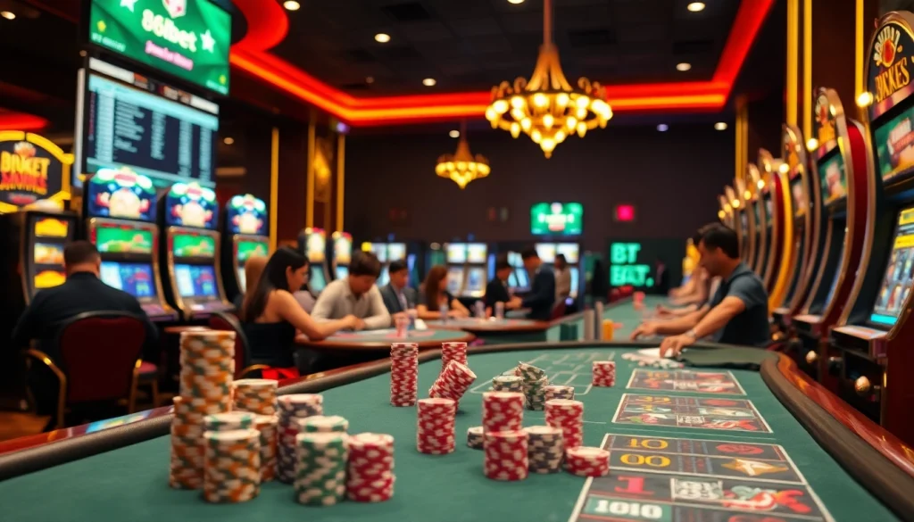 Experience the thrill of high-stakes gaming at 8kbet casino with vibrant slot machines and poker tables.