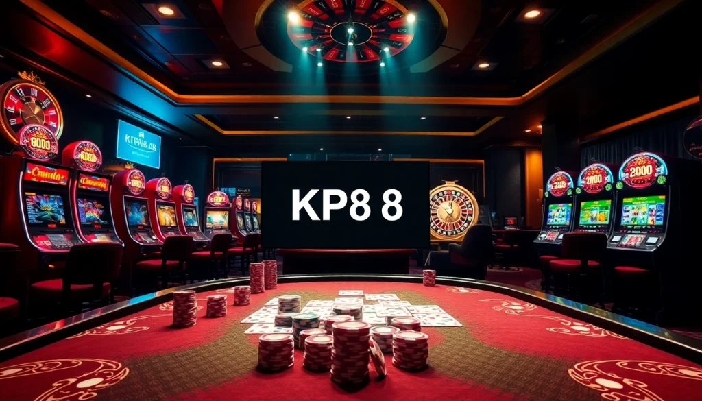 Kp88 casino scene with luxurious poker table, vibrant slot machines, and roulette wheel.