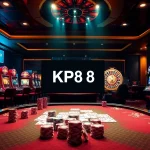 Kp88 casino scene with luxurious poker table, vibrant slot machines, and roulette wheel.