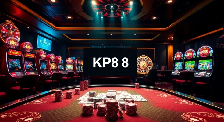 Kp88 casino scene with luxurious poker table, vibrant slot machines, and roulette wheel.