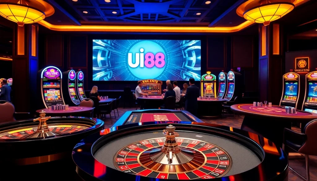 UU88 players enjoying a vibrant casino atmosphere with slot machines and poker tables.