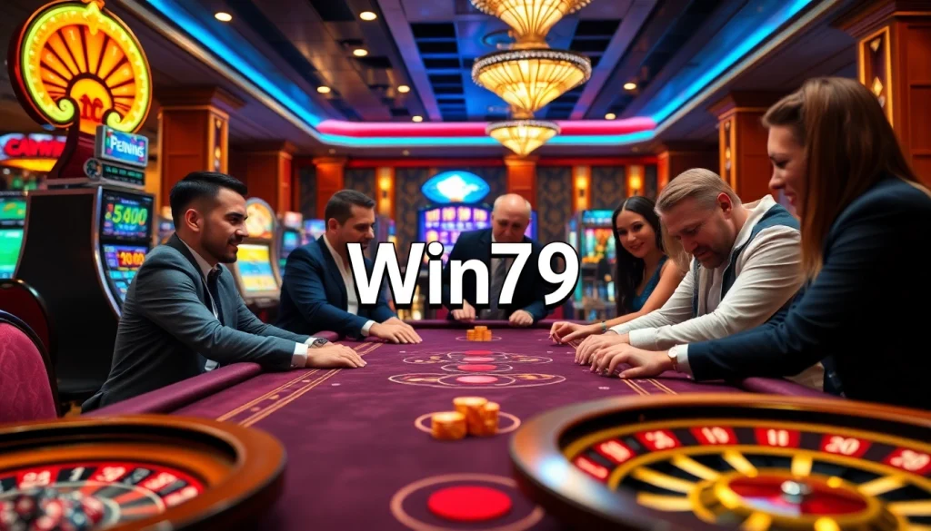 A dynamic gaming scene at Win79 casino showcasing luxurious tables and vibrant players engaged in high-stakes action.