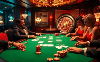 Exciting gambling scene highlighting tỷ lệ kèo with players at a poker table and a roulette wheel.