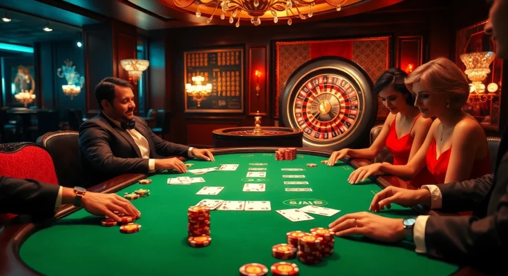 Exciting gambling scene highlighting tỷ lệ kèo with players at a poker table and a roulette wheel.