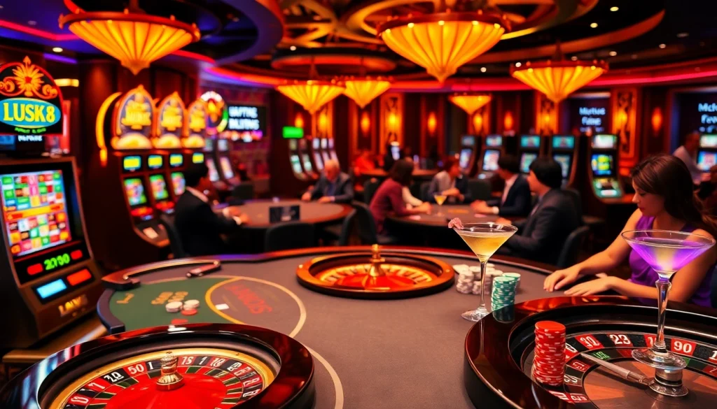 LUCK8's casino scene with poker tables, vibrant slot machines, and luxurious ambiance.