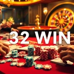 32WIN casino scene with poker chips, playing cards, and a roulette wheel, capturing excitement and luxury.